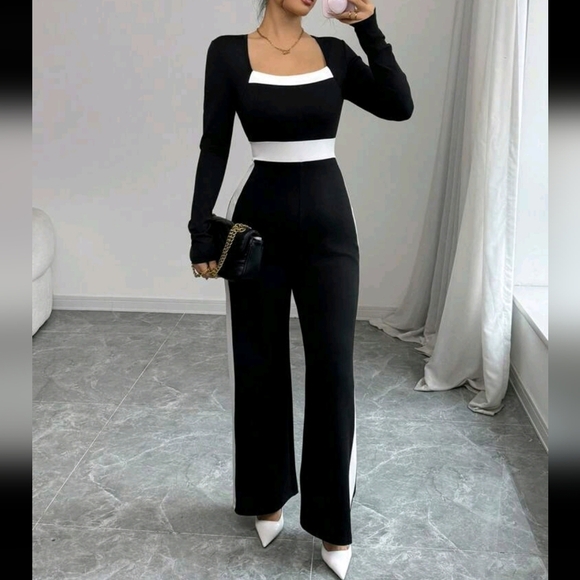 Women's Square Neck Color Blocking Elegant Long Sleeve Jumpsuit - Picture 1 of 4